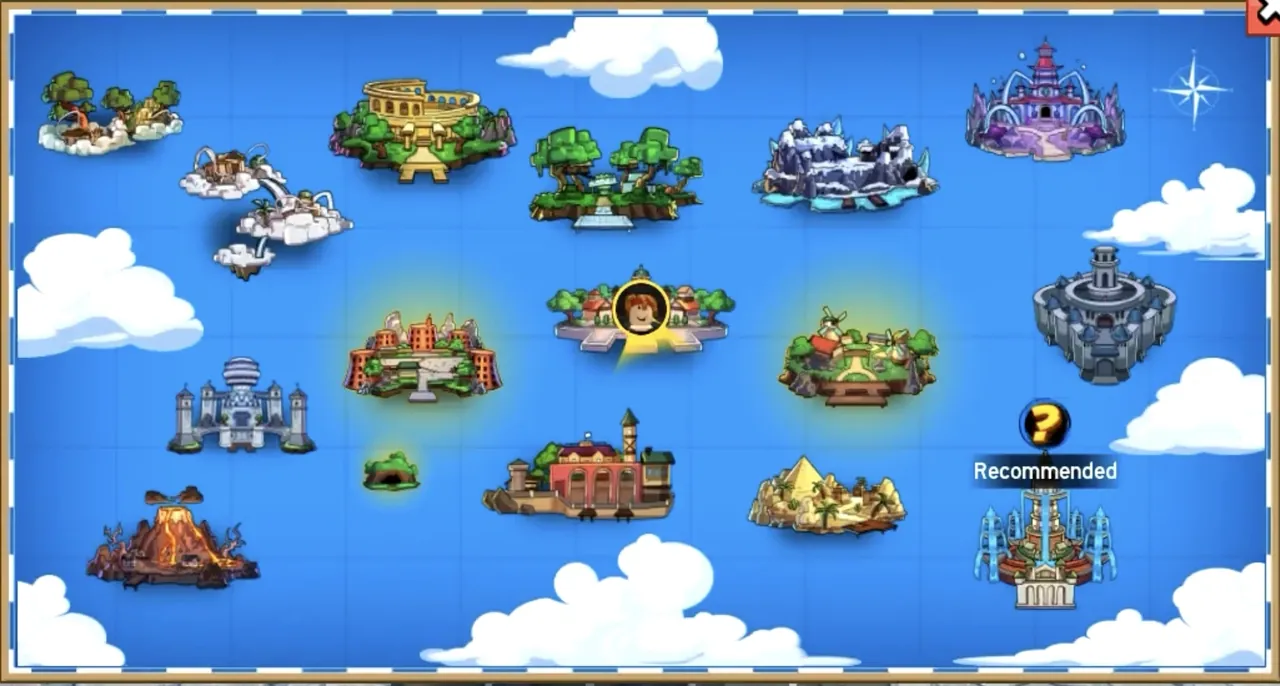 Peta First Sea di game setelah Update 30, menampilkan pulau seperti Jungle, Skylands, Prison, dan Fountain City