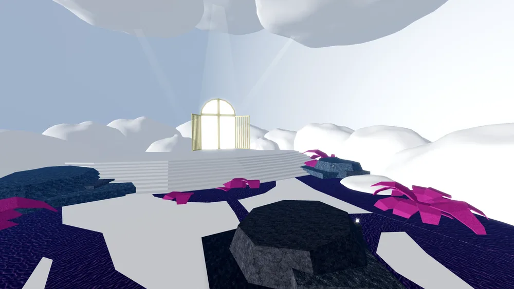 天堂維度（Heavenly Dimension）：四周是白色懸崖和雲，地上有粉紅色植物。