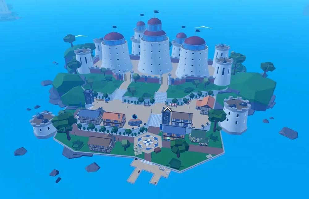 海軍出生島（Marine Starter）全景：島的後面有三座放著大砲的石塔