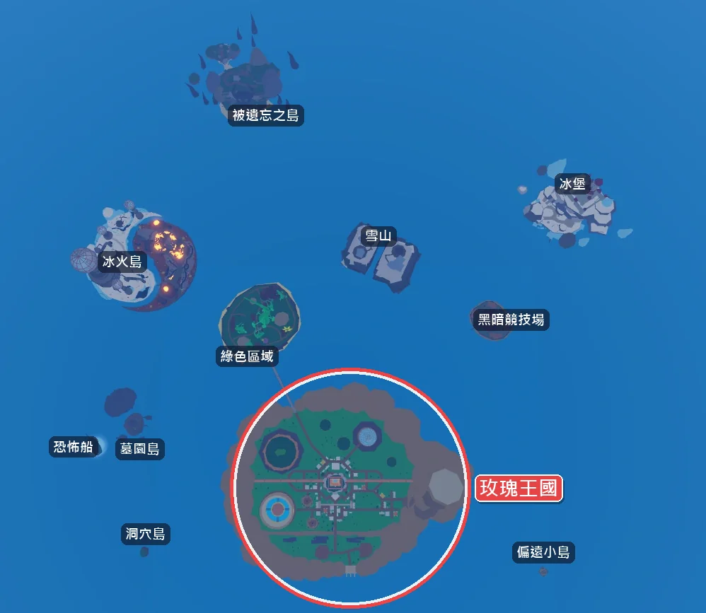 第二海地圖：紅圈是玫瑰王國，第二海最大的島（本站加上中文標示）