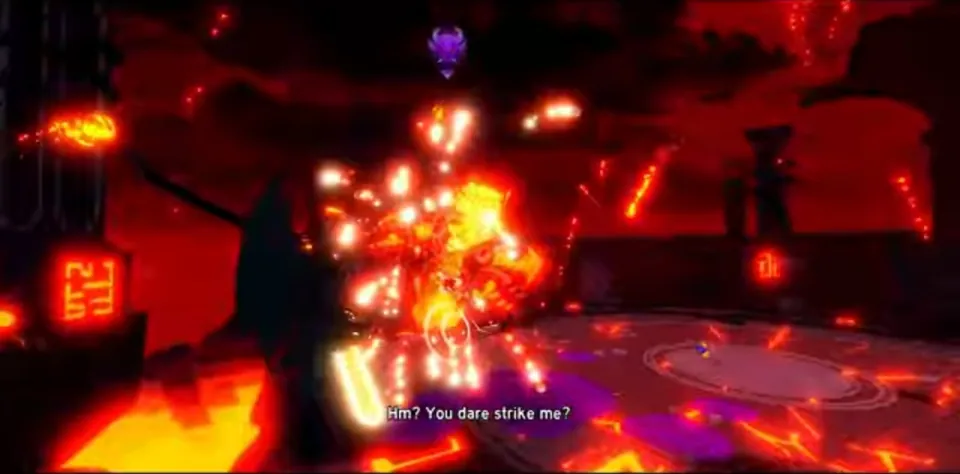 火焰競技場裡的首領，字幕Hm? You dare strike me?