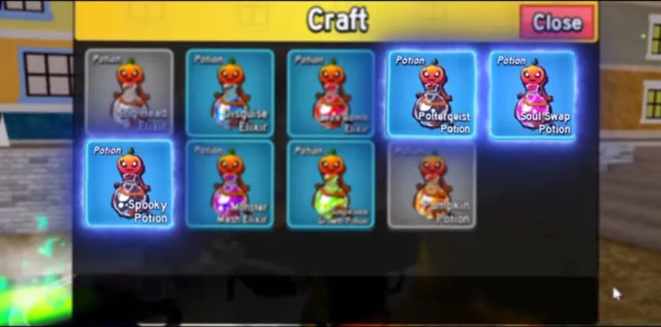 女巫製作選單九種藥水，Poltergeist Potion、Soul Swap Potion、Spooky Potion三格發亮