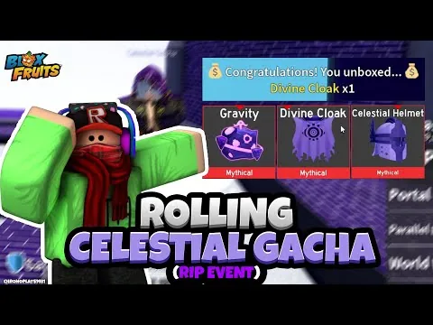 影片縮圖：Rolling Celestial Gacha + Celestial Aura , Helmet , Cloak Showcase! (Blox Fruits RIP Event Update)